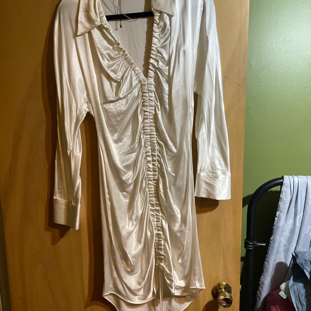 Pearl white satin ruched dress